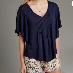 Anthropologie Maeve Maya Cold Shoulder Sleeve Pleated Top Navy Blue Size 4